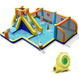 Toboggan Aquatique Gonflable avec Gonfleur 680W Piscine à Eclaboussures,Mur d'Escalade Double Canon