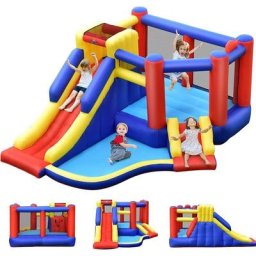 Château Gonflable avec Long Toboggan,Trampoline,Piscine à Balles,Mur d'Escalade,Panier de Basket