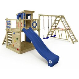 Aire de jeux Portique bois Smart Lodge 120 avec escaliers, balançoire et toboggan Maison enfant