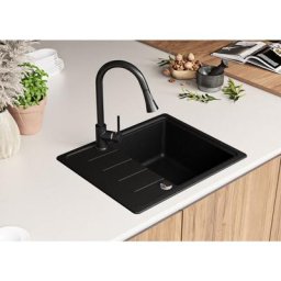 Evier Cuisine Noir Metallic, 62 x 50 cm, Evier en Granit 1 bac + Kit de Vidage, Evier a Encastrer