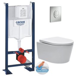 Grohe Pack WC Bâti autoportant + WC sans bride SAT + Abattant softclose + Plaque chrome mat