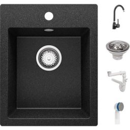Evier Cuisine en Granit Graphite, 40 x 50 cm, Lavabo 1 bac + Robinet 5000 + Siphon Classique, Évier
