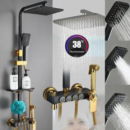Colonne de douche noire dorée avec mitigeur thermostatique Système de douche avec pomme de douche