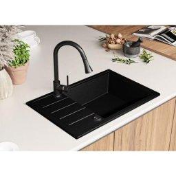 Evier Cuisine Noir Metallic, 78 x 50 cm, Evier en Granit 1 bac + Kit de Vidage, Evier a Encastrer