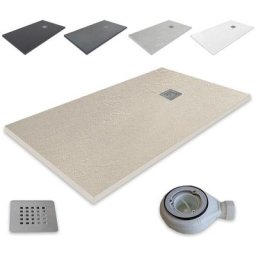 Receveur de douche en résine extra-plate Outletaseo texture ardoise antidérapante 【160x70 cm, Beige