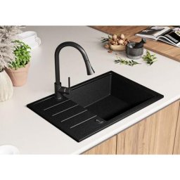 Evier Cuisine Graphite, 78 x 50 cm, Evier en Granit 1 bac + Kit de Vidage, Evier a Encastrer de