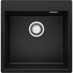 Primagran - Evier Cuisine en Granit Noir Metallic, 49 x 50 cm, Lavabo 1 bac + Siphon Classique,