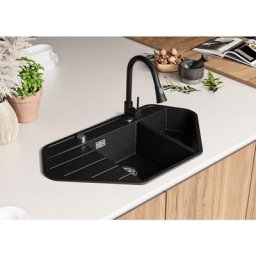 Evier d'angle en Granit Graphite, 90 x 50 cm, Evier en Granit Cuisine 1,5 bac + Kit de Vidage,