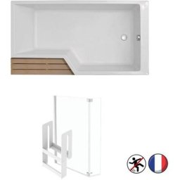 Baignoire bain douche 150 droite neo Jacob Delafon blanc mat + pare bain + étagère