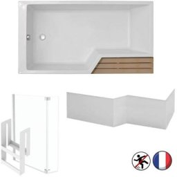 Baignoire bain douche 150 gauche neo Jacob Delafon blanc mat + pare bain + étagère + tablier