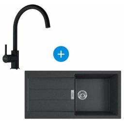 Sirius Evier à encastrer 100×50cm 1 bac avec égouttoir, Tectonite, Onyx + Mitigeur col de cygne,