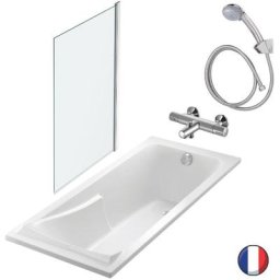 Baignoire Jacob Delafon Corvette avec vidage + mitigeur mural et douchette + pare bain, 160 x 70