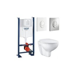 Pack wc suspendu sans bride Grohe Bau Ceramic + abattant + plaque blanche + b ti Grohe