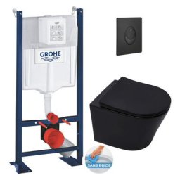 Pack wc Bâti autoportant + wc Swiss Aqua Technologies Infinitio noir mat sans bride + Plaque noir