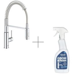 Mitigeur cuisine Grohe Get bec haut chromé douchette extractible + Nettoyant robinetterie Grohe