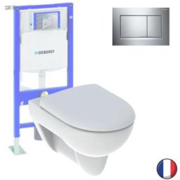 Pack wc suspendu sans bride Geberit Renova + Bati support + Plaque de commande, chromé brillant,