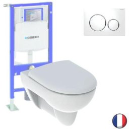 Pack wc suspendu Geberit Renova + Bati support + Plaque de commande, blanc, chromé brillant,
