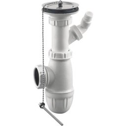 Siphon évier réglable avec bonde à bouchon et prise mâchine à laver Ø40/49 - nf - blanc-inox