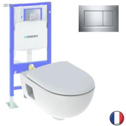 Pack wc suspendu sans bride Geberit Renova, semi-caréné + Bati support + Plaque de commande, blanc,