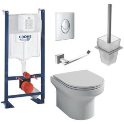 Wc suspendu sans bride Jacob Delafon Elite + bâti-support grohe + abattant + accessoires,