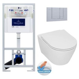 Pack wc bâti-support + wc sans bride Serel SP26 + Abattant softclose + Plaque chrome mat