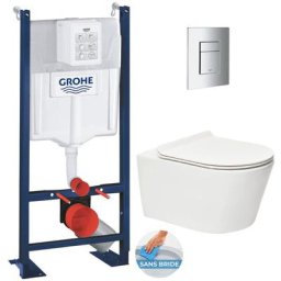 Pack wc Bâti autoportant + wc sans bride sat Brevis + Abattant ultra-fin softclose + Plaque chrome