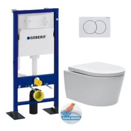 Geberit - Pack wc Bâti-autoportant Duofix + wc sans bride sat avec fixations invisibles + Abattant