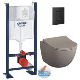 Pack Bâti-autoportant + wc sans bride Vitra Sento, Taupe mat + Abattant softclose + Plaque Noire