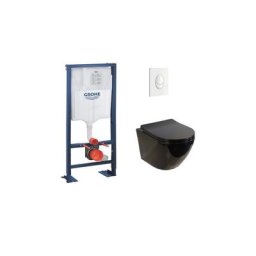 Pack wc Grohe Rapid sl + Cuvette sans bride kelos Noir Brillant + Plaque Skate Air Blanc