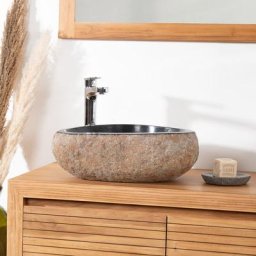 Wanda Collection - Vasque à poser en pierre naturelle galet de rivière 40 cm - Gris
