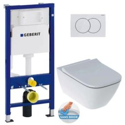 Geberit - Pack wc Bati-support Duofix + wc sans bride Smyle + Abattant softclose + Plaque blanche