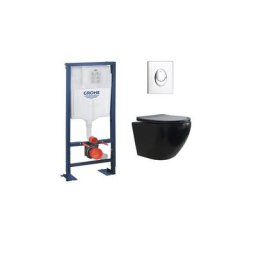 Pack wc Grohe Rapid sl + Cuvette sans bride kelos Noir Mat + Plaque Skate Air Chromé