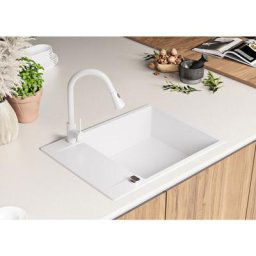 Evier Cuisine Blanc, 70 x 50 cm, Evier en Granit 1 bac + Kit de Vidage, Evier a Encastrer San
