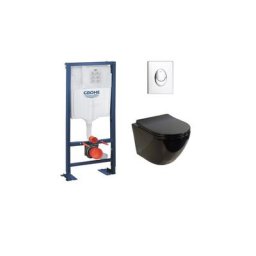 Pack WC Grohe Rapid SL + Cuvette sans bride KELOS Noir Brillant + Plaque Skate Air Chromé