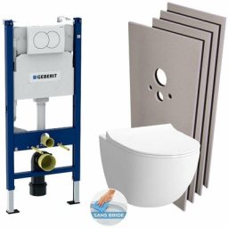 Geberit - Pack wc Bâti support + Cuvette Vitra Sento Rim-Ex + Abattant soft close + Plaque blanche
