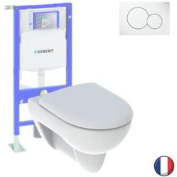 Pack wc suspendu sans bride Geberit Renova + Bati support + Plaque de commande, blanc alpin,