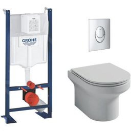 Wc suspendu sans bride Jacob Delafon Elite + bâti-support grohe + abattant + accessoires, Sans