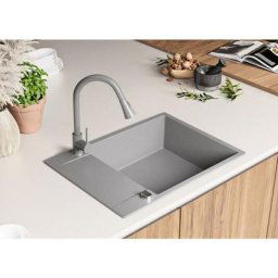 Evier Cuisine Gris, 70 x 50 cm, Evier en Granit 1 bac + Kit de Vidage, Evier a Encastrer San