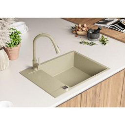 Evier Cuisine Beige, 70 x 50 cm, Evier en Granit 1 bac + Kit de Vidage, Evier a Encastrer San