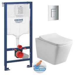 Pack wc Bâti-support + wc sans bride Infinitio Design + Abattant softclose + Plaque chrome - Grohe