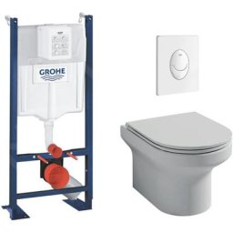 Wc suspendu sans bride Jacob Delafon Elite + bâti-support grohe + abattant + accessoires, Sans