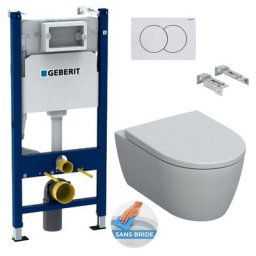 Geberit - Pack wc Bati-support Duofix + wc sans bride iCon + Abattant softclose + Plaque blanche