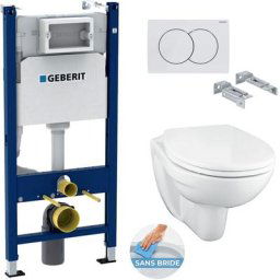 Geberit Pack WC Bâti Duofix + Cuvette suspendue Porcher sans bride + Abattant Ideal Standard ASTOR