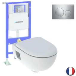Pack wc suspendu sans bride Geberit Renova, semi-caréné + Bati support + Plaque de commande, chromé