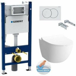 Geberit - Pack wc Bâti Duofix + wc sans bride Vitra Sento SmoothFlush + Abattant softclose + Plaque