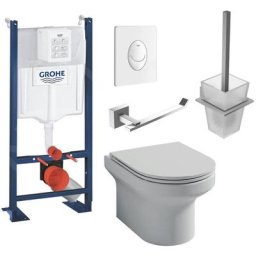 Wc suspendu sans bride Jacob Delafon Elite + bâti-support grohe + abattant + accessoires,