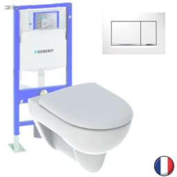 Pack wc suspendu sans bride Geberit Renova + Bati support + Plaque de commande, blanc, chromé