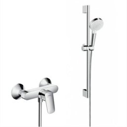 Hansgrohe Set de douche Mitigeur Logis + Douchette 2 jets + Barre 65 cm + Flexible, Chrome