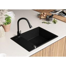 Evier Cuisine Noir, 70 x 50 cm, Evier en Granit 1 bac + Kit de Vidage, Evier a Encastrer San