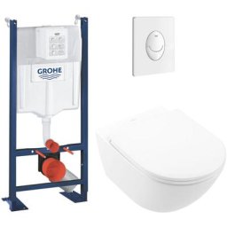 Villeroy et boch Lot wc suspendu Universo TwistFlush avec bâti et plaque grohe, blanc, blanc